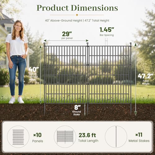 Image of No-Dig Decorative Outdoor Garden Fence for Yard, Animal Barrier Fencing for Dog | Rustproof Metal Temporary Fence for Patio, Pet and Flower Bed | 40in (H) x 23.6ft(L), 10 Panels with Gate