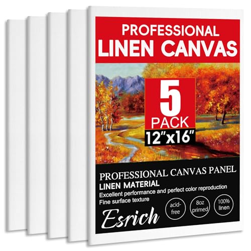 ESRICH Professional Linen Canvas Panels 12x16, 5 Pack Linen Canvas for Painting Primed Acid Free Blank Canvas Boards for Painting for Painters,Artists,