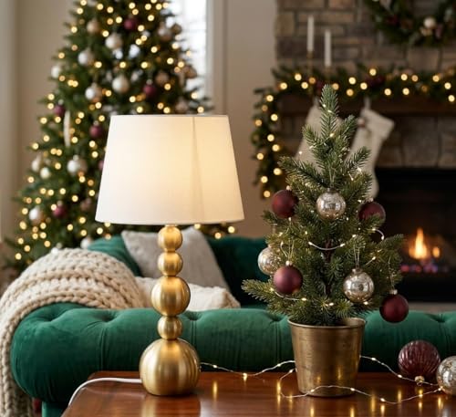 Image of Gold Metal Ball Table Lamp with Neutral Linen Shade - 5-Tier Spherical Base Design - Premium Brass Finish Accent Light for Modern Home Interiors & Bedside Tables