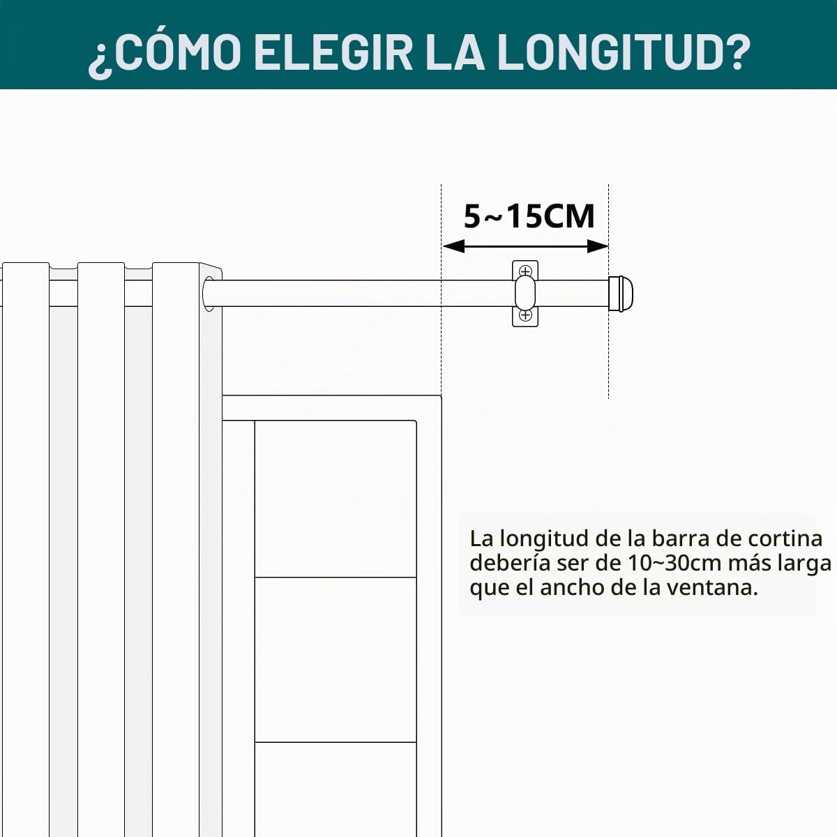 Barra de cortina para ventanas con tapa redonda, 80-380 cm, barra de cortina ajustable resistente para montaje en techo con soportes, barra de cortina colgante para montaje en pared
