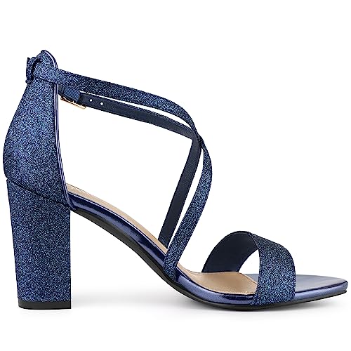 Sandales à talons carrés stables et brides ajustables, nu-pieds pailletés confortables bleu