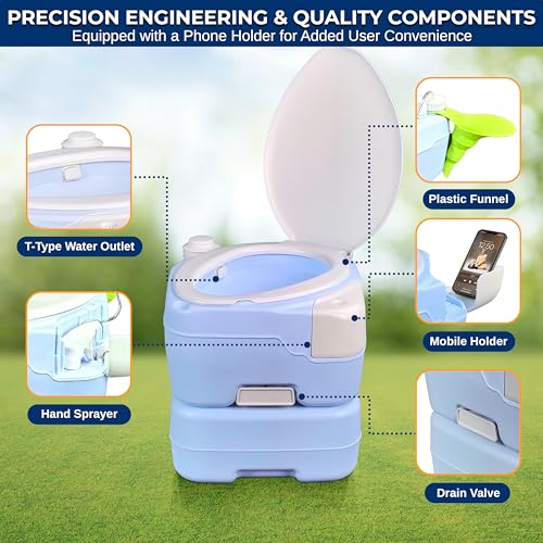 Image of SereneLife 4 Gal Portable Camping Toilet For Adults, 100+ Flushes, Porta Potty Camp Toilet with Phone Holder, Hand Sprayer, Plastic Funnel for Camping, Hiking, and Boating