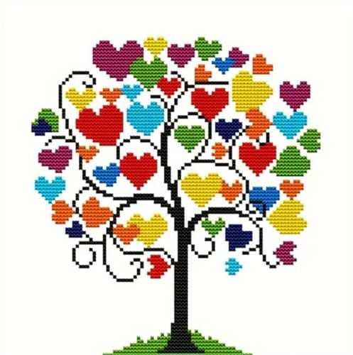 HKLIOPU Stamped Cross Stitch Kits - Love Tree Embroidery Starter Kit for Adult Beginners 11CT Needlepoint Cross-Stitch Patterns Dimensions Kit Arts and Crafts 13.8X 13.8 inch