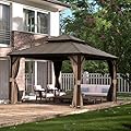 Domi 10' x 12' Hardtop Gazebo Permanent Metal Gazebo with Galvanized Steel Double Roof, Curtains and Netting for Party, Wedding, Outdoor Dining, Patio, Backyard, Brown