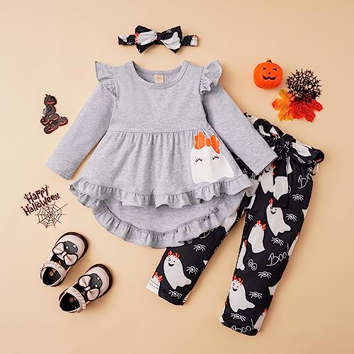 Noubeau Toddler Baby Girl Halloween Outfits Long Sleeve Ruffle Boho Shirt Dress Ghost Pumpkin Pants Sets 3Pcs Fall Outfits2