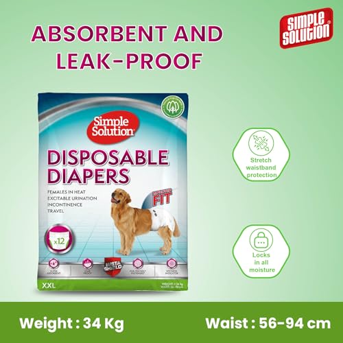 Image of Simple Solution Disposable Diapers for Dogs, Insta Shield Core, Leak-Proof, Fur-Friendly Fasteners, Ideal for Females in Heat, Incontinence & Travel - Pack of 12 (XXL)