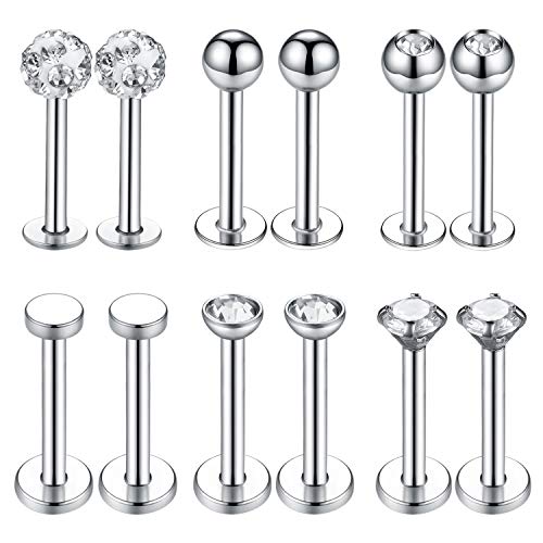 BodyJ4You 16PC Labret Tragus Nose Bone Stud Rings Set 16G Surgical Steel Flat Back Retainer Jewelry