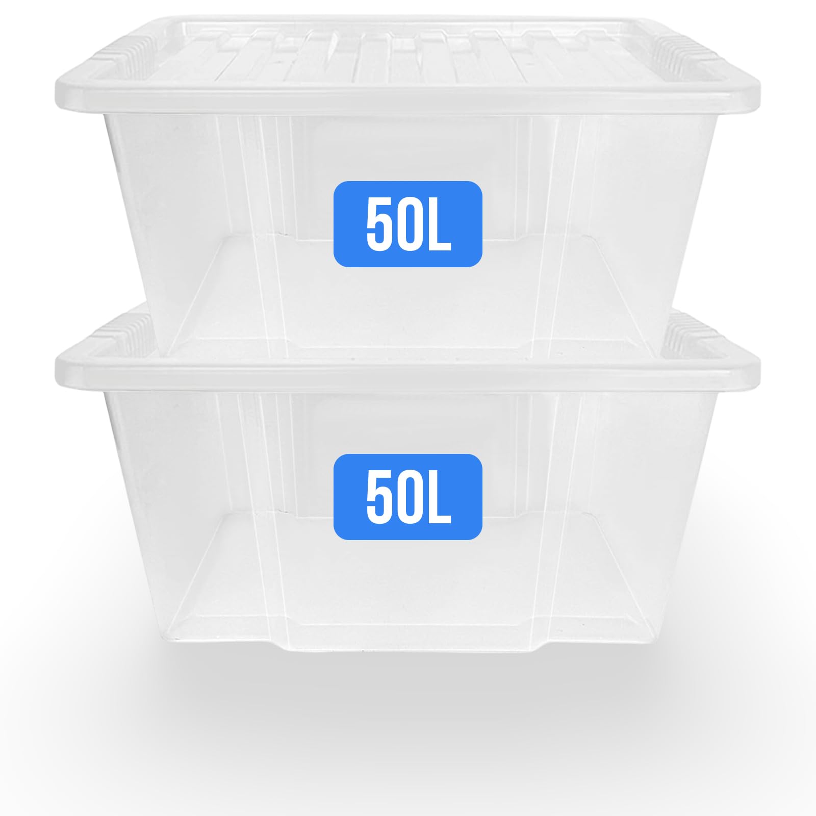 KAPCO Large Plastic Storage Boxes with Clear Lids (50L, 2 Pack) | Stackable Clear Container for Clothes, Toys, Garage, Home, Kitchen, Office | Heavy-duty Organiser Tub with Secure Lids
