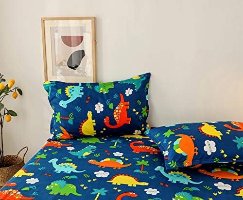 Dinosaur Fitted Sheet Queen Size Kids Bedding Set Cartoon Dinosaur Fitted Sheet for Boys Children Colorful Bedroom Decor Ancient Jungle Animals Bed Cover Tropical Hawaiian Palm Leaf Bed Set Blue 4 51tMTlKVAnL. AC