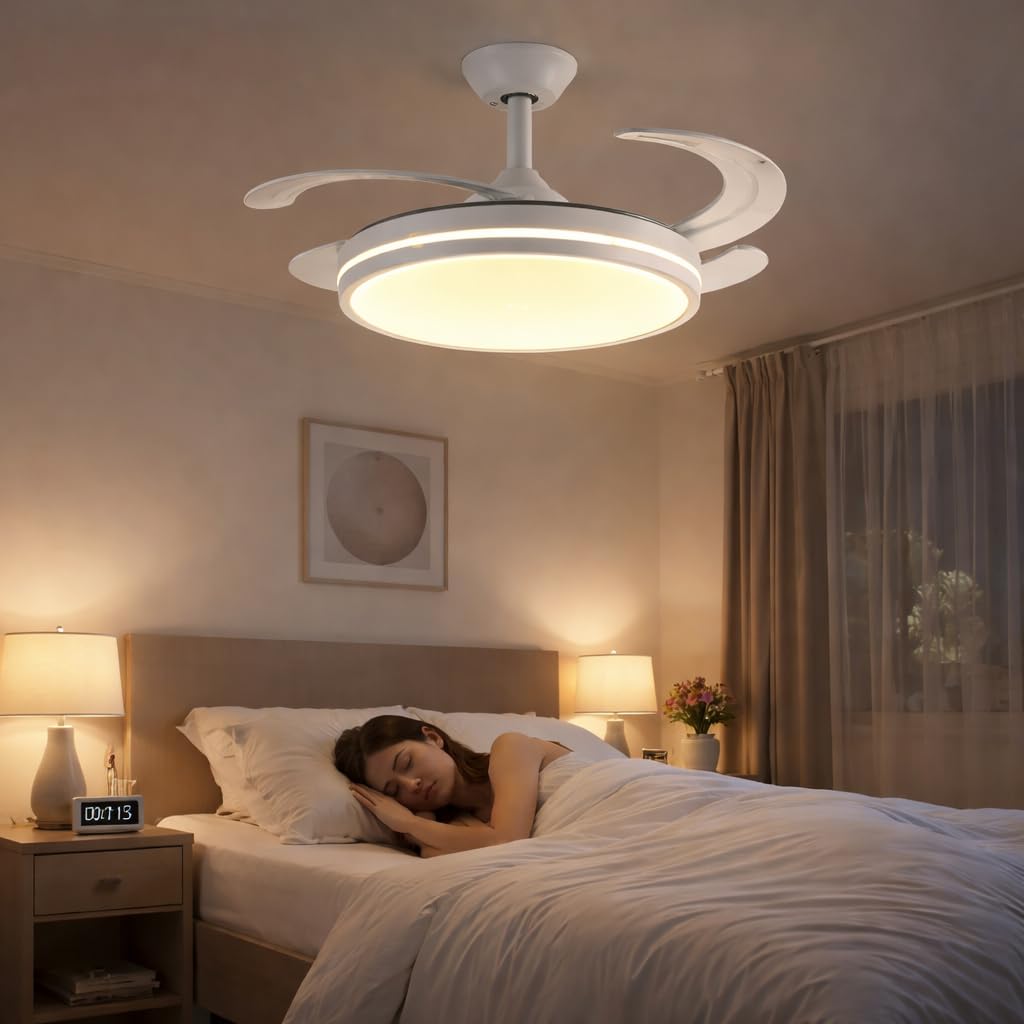 Generico Ventilatore da Soffitto con Luce LED, Pale Retrattili 120 cm, Telecomando Incluso, 3 Temperature Luce, 6 Velocità, Timer, Design Moderno per Soggiorno Camera da Letto