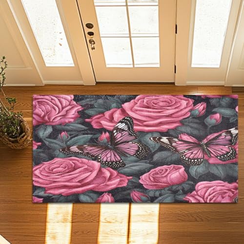 Door Mat Indoor Entrance, Super Absorbent Microfiber Door Mat, Non-Slip Washable Pet Rug, Entryway Carpet, Butterfly Rose Flower Machine Washable Outdoor mat, 20