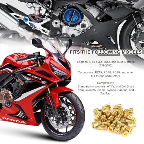 OXTXO Zestaw 10 dysz głównych M4 #75-#98 do gaźników GY6 50cc 60cc 80cc (139QMB) i PZ19 – precyzyjny zestaw do strojenia z mosiądzu do skuterów, skuterów, quadów i dirt bike