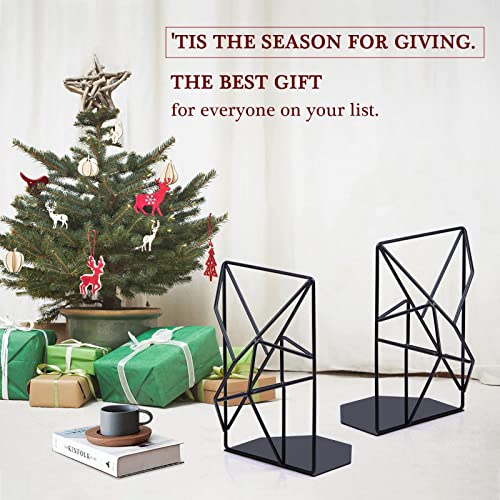 Sriwatana Bookends Black, Decorative Metal Book Ends Supports For Shelves, Unique Geometric Design(1 Pair/2 Pieces) #TOP1