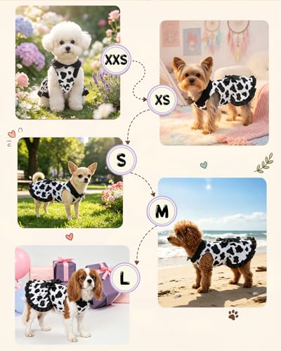 Image of CuteBone Cute Cow Print Pet Dress with Peter Pan Collar - Black & White Spot Pattern - Sleeveless Ruffled Skirt with Bow for Small Dogs, Cats - Adorable Daily & Play Wear