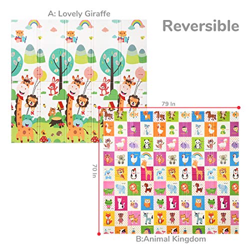 Foldable Play Mat |【Easy to Clean, Fold Up】Non- BPA Non-Toxic Foam Baby Playmat 79“ x 71inchx 0.6” Thick Extra Large Reversible Crawling Mat Portable Toddlers Kids (Cute Giraff)