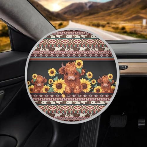 Image of Aztec Highland Cow Car Steering Wheel Cover Sun Shade Reflect UV Sun and Heat Auto Interior Protector Easy Installation Universal Steering Wheel Cover for Car Truck SUV Van 17 inch