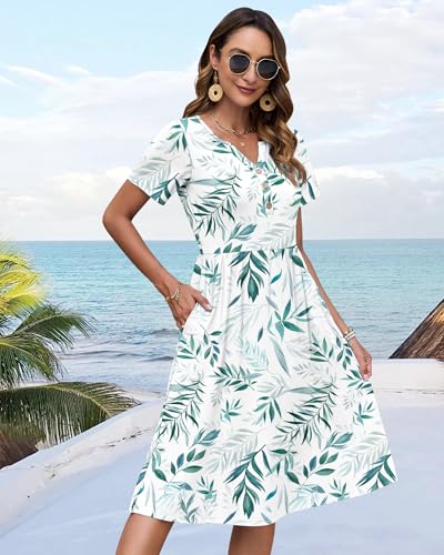 Image of WNEEDU Women V Neck Button Down Empire Waist Midi Summer Dress with Pockets