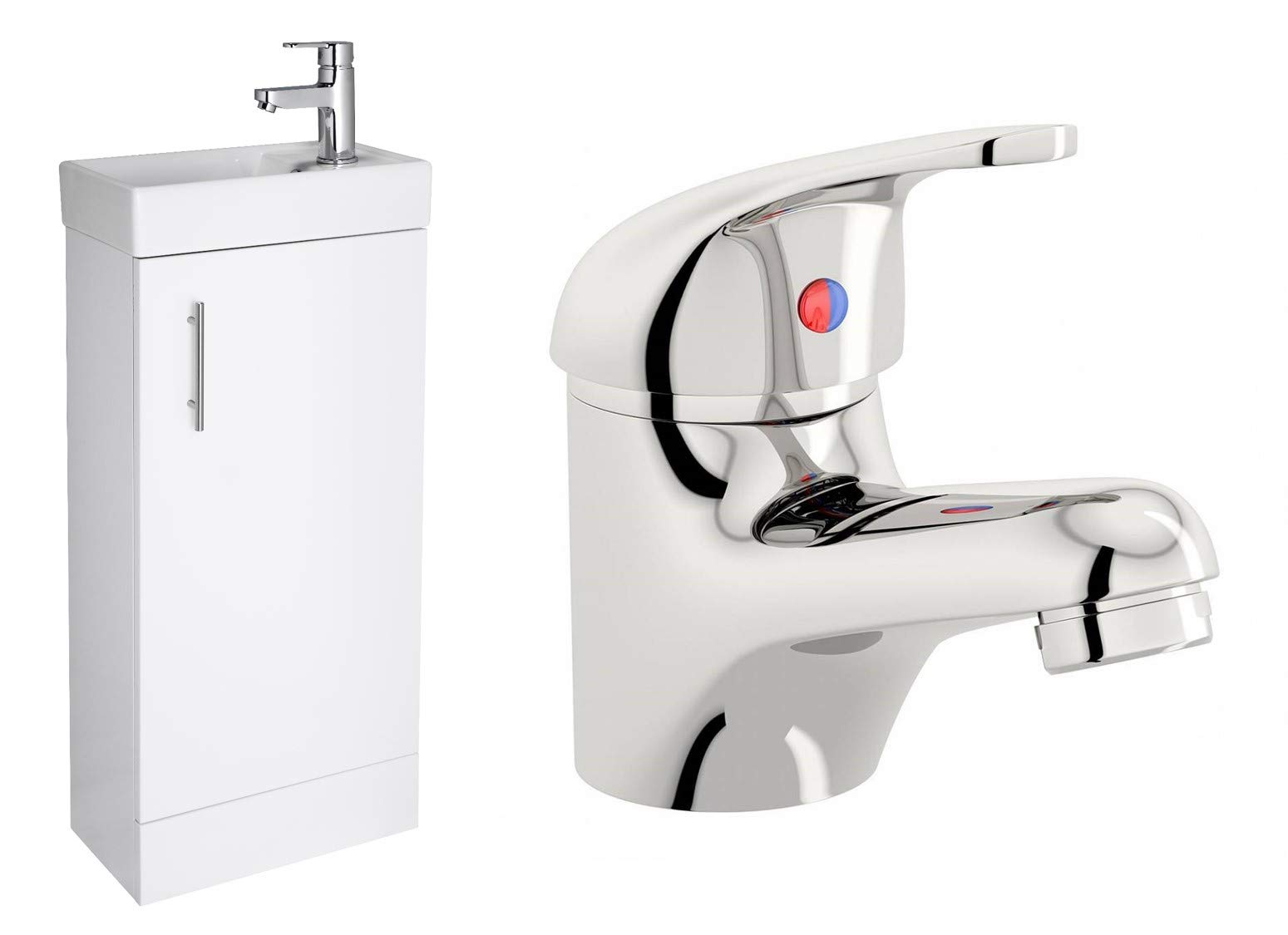 VeeBath Sheen High Gloss White 400mm Compact Cloakroom Vanity Unit with Egham Designer Chrome Mixer Sink Basin Tap (Assembled)