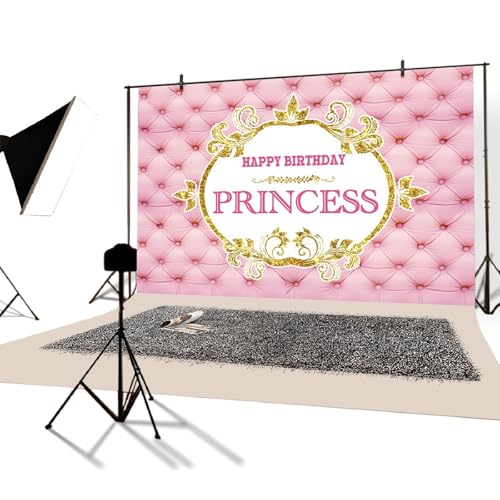 YongFoto 1,5x1m Toile de Fond Tée lit capitonnée en Cuir Rose Guirlande Paillettes d'or Joyeux Anniversaire Princesse Fille Fond Studio Bannière Photo Anniversaire Party Accessoires Photographie – vue 2