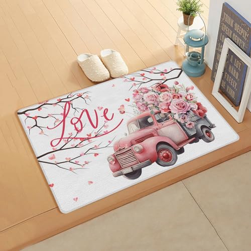 Valentine's Truck White Kitchen Bath Door Mat Cushioned Runner Rug,Washable Welcome Floor Sink Antifatigue Mat,Waterproof & Non-Slip Comfort Standing Doormat,Romantic Rose Vintage Floral 20