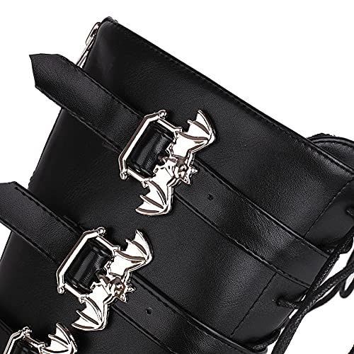 keleimusi Botas femininas de cano médio góticas plataforma com fivelas de morcego pretas altas botas
