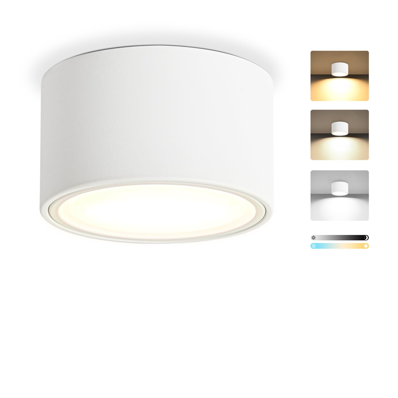 KYOTECH Dimmable LED Overhead Spotlights, Diameter 95 x 55 mm, White, with LED Module GX53 7W 800LM 230V, 2700K/4000K/6500K Overhead Ceiling Spotlights, Round Ceiling Light for Bedrooms