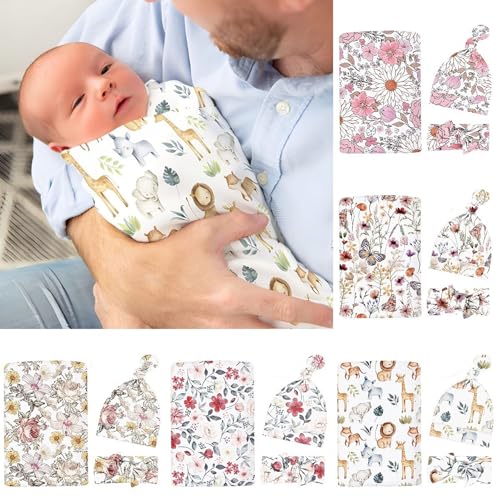 Image of Newborn Swaddle Set with Matching Headband Hat and Bow Set Floral Baby Girl Newborn Receiving Blankets Baby Swaddle Nursery Wildflower Baby Blanket (Blue Flowers)