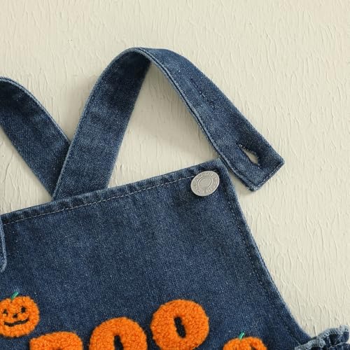 Newborm Baby Girl Halloween Outfit Jeans Denim Romper Pumpkin Ghost Embroidered Ruffle Overall Jumpsuit Fall Clothes4