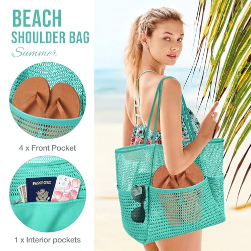 Image of KPX Beach Bag with Mini Pocket, Beach Tote Bags for Women Large Foldable Mesh Swimming Pool Travel Bags - Sandproof
