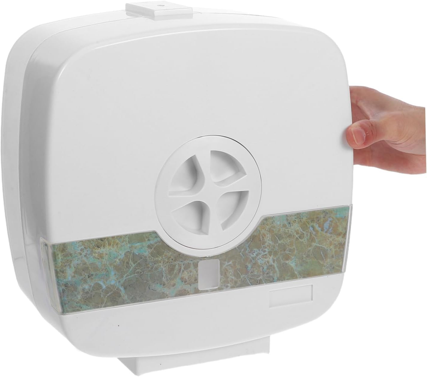 White Enclosed Toilet Paper Holder with Decor, Bathroom Tissue Storage for RV/Camper