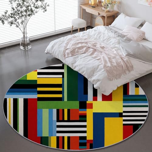 Genérico Alfombra Redonda para Sala de Estar - Moderno Minimalista Rayas Bloques De Color Lavable a Máquina Antideslizante Alfombra Redonda 90 cm, Vistoso Alfombras para Dormitorio Pasillo de Entrada