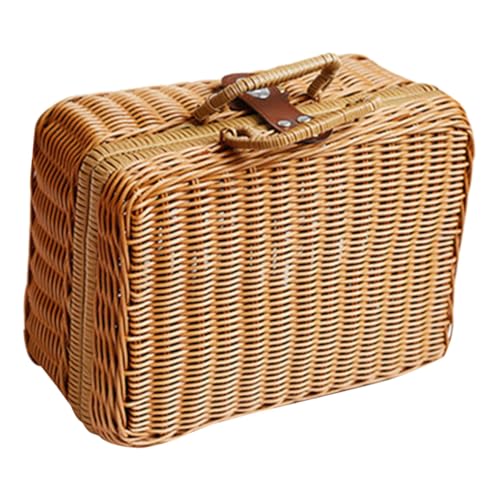 WOFASHPURET Maleta de Almacenamiento Retro de Ratán Simulado Tejido a Mano, Caja Portátil Tamaño Pequeño 35x24x12 Cm Color Caqui, Caja Decorativa para Maquillaje, Picnic y Organización