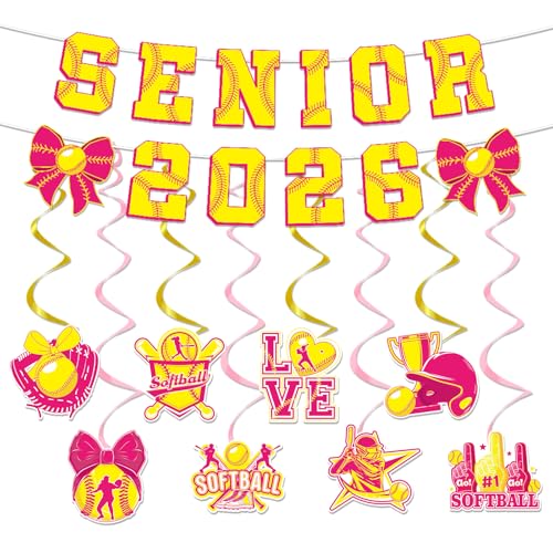 Deorfuy Softball Senior Night Party Decorations 10PCS Softball Theme Banners with Hanging Swirls Decoration Sports Themed 2026 Graduation Decor Supplies for High School College