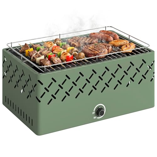 Outsunny Barbecue a Carbone Portatile, Griglia Portatile con Ventilatore Integrato e Manopola Regolabile per Campeggio, Picnic, Viaggi, Giardino, Cucina All'Aperto, Verde Chiaro