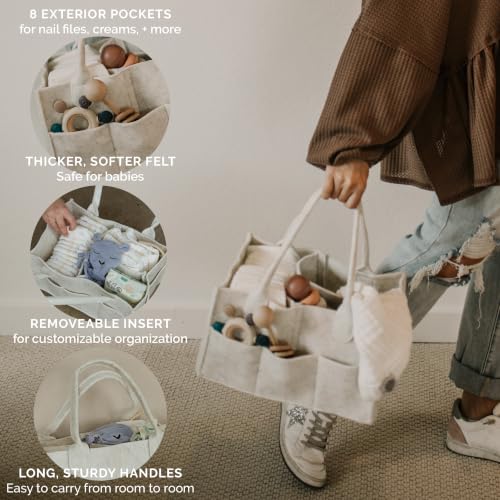 Image of Parker Baby Co. Felt Diaper Caddy Organizer - Large, White | Portable nursery storage bin for diapers, wipes, bottles & baby essentials for home /car. Soft felt, foldable design 13x9x7 inch