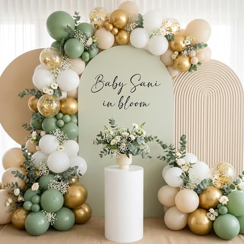Image of RUBFAC Sage Green White Gold Balloon Garland Arch Kit 129pcs Different Sizes Pack of 18 12 10 5 Inch, Latex Sand White Cream Confetti Gold Balloon Garland Arch Kit for Birthday Engagement Wedding