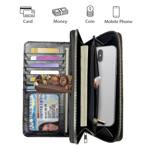 Image of COEQINE Ladies Wallets Pink Leopard Heart Black Printed Leather Phone Long Clutch Purses Check Coin Change Holder