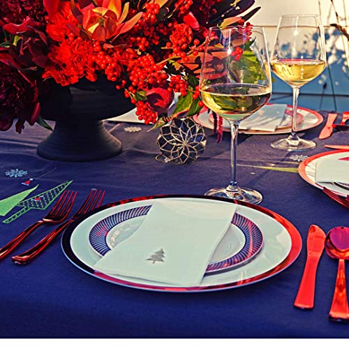 Premium Disposable Christmas Plate Set 175 Pcs | Ivory Plastic Plates with Red Trim, Plastic Silverware and Linen-Feel Christmas Dinner Napkins for 25 Guests Heavyweight - By Madee - Thumbnail 6
