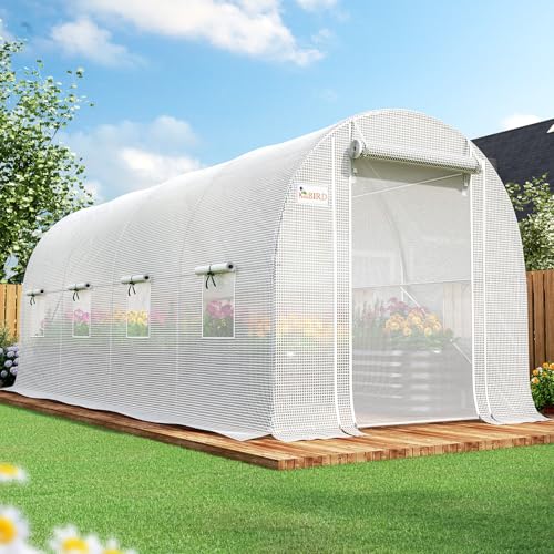 KING BIRD Premium 15x7x7FT Greenhouse for Outdoors Walk-in Galvanized Steel Frame Screen Mesh Door Window Plastic Cover Upgraded Zipper Small Portable Tunnel Hoop House for Outside White