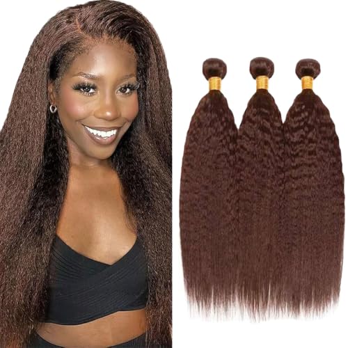 Giginger Brazilian Human Hair Bundles 22 24 26 Inch Chocolate Brown Yaki Wave Human Hair Bundles Brazilian Unprocessed Virgin Quick Weave Hair for Black Women