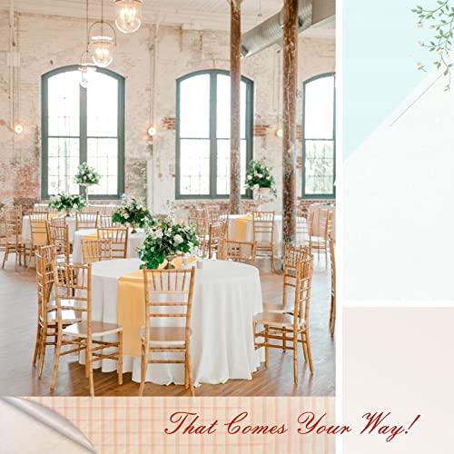 Lokume 6 Pack Round Plastic Tablecloth 84" White Disposable Table Covers Waterproof Circle Party Table Cloths For Round Tables And 6 Pack 12"X108" Gold Satin Table Runners For Parties Birthday Picnic #TOP5