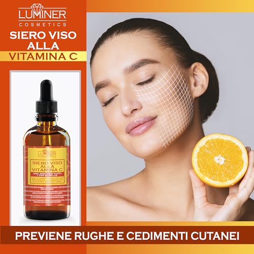 Siero Vitamina C 100ml, Siero Viso Acido Ialuronico, Formula Naturale Antirughe con Aloe Vera e Vitamina C-E, Contorno Occhi Idratante e Rimpolpante Made in Italy LUMINER - 6