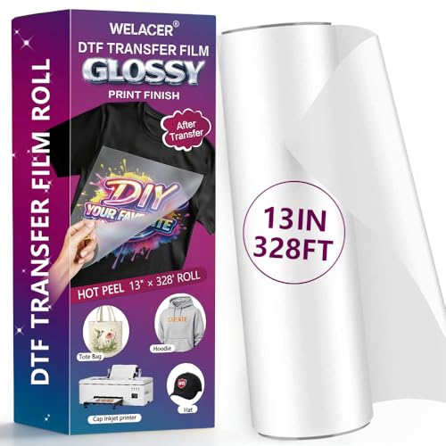 Welacer DTF Transfer Film Roll 13 x 328ft Glossy Transfer Finish Double-Sided Coated PET Film Hot & Cold Peel Compatible