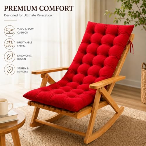 Image of KYNE Rocking Chair Cushion 18 x 50 Inch Thick Tufted Chair Cushion with Backrest and Seat Pad Soft Premium Fabric Polyester Filling Non Slip Indoor Outdoor Rocking Chair Replacement Cushion (Red)
