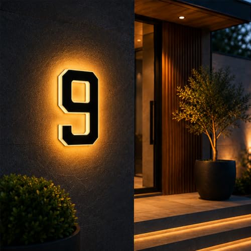 2026 New Solar House Numbers for Outside LED Illuminated Address Sign Dusk to Dawn Auto On/Off IP65 Waterproof Lighted House Numbers No-Drill Adhesive or Screw Mount for House Garage Fence (9 4.7IN)
