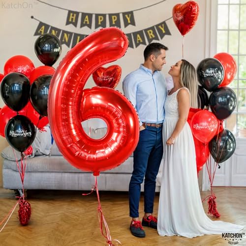 Image of KatchOn Foil Red Number 6 Balloon For Happy Birthday Decorations - 40 Inch