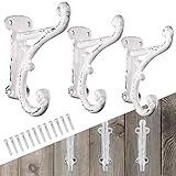 Large 4.5 inch, Rustic White, (Set of 3 with Screws) Distressed, Cast Iron, Strong Wall Mounted Hooks | Vintage | Modern Farmhouse | Coats, Bags, Hats, Towels, etc. | My Fancy Farmhouse (White)