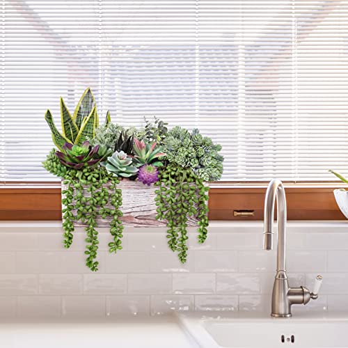 14 Pcs Assorted Artificial Succulents Fake Plants In Rectangular Wooden Pots Artificial Potted Succulents Plants Arrangement For Table Centerpiece Windowsill Shelf Mantel Tropical Greenery Decor #TOP5