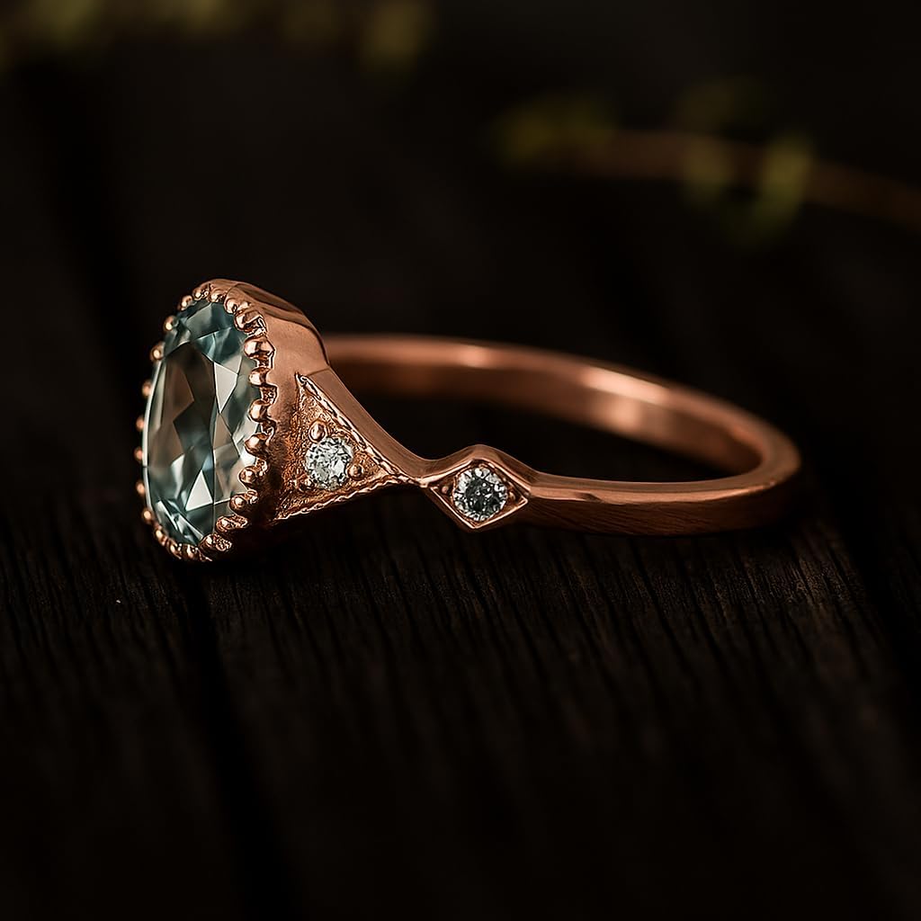 Rose Gold Vintage-Style Ring with Oval Blue Gemstone & Accent Diamonds – Elegant Women’s Fine Jewelry Gift Christmas Ring For Love