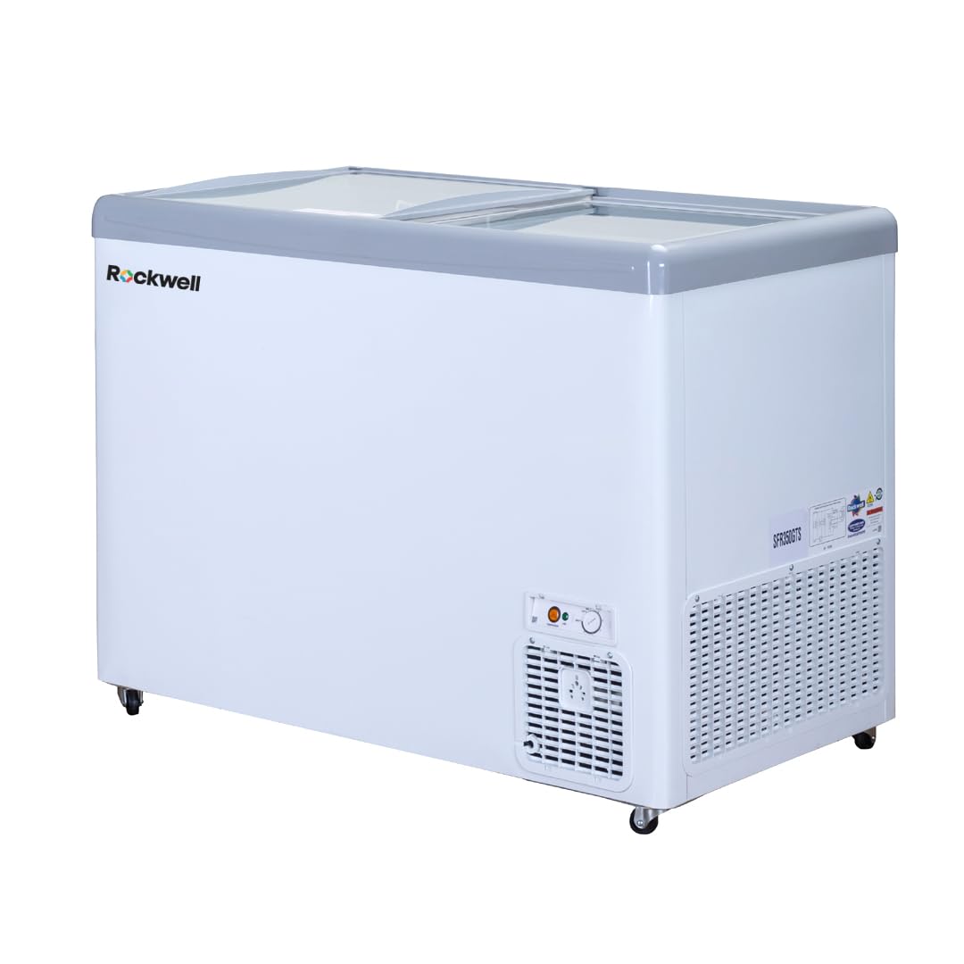 Rockwell 350GTS, 5 Star,Glass Top,Chest Freezer, Ice Cream Display Freezer with Storage Baskets and Sliding Door, 4 Years Warranty,White
